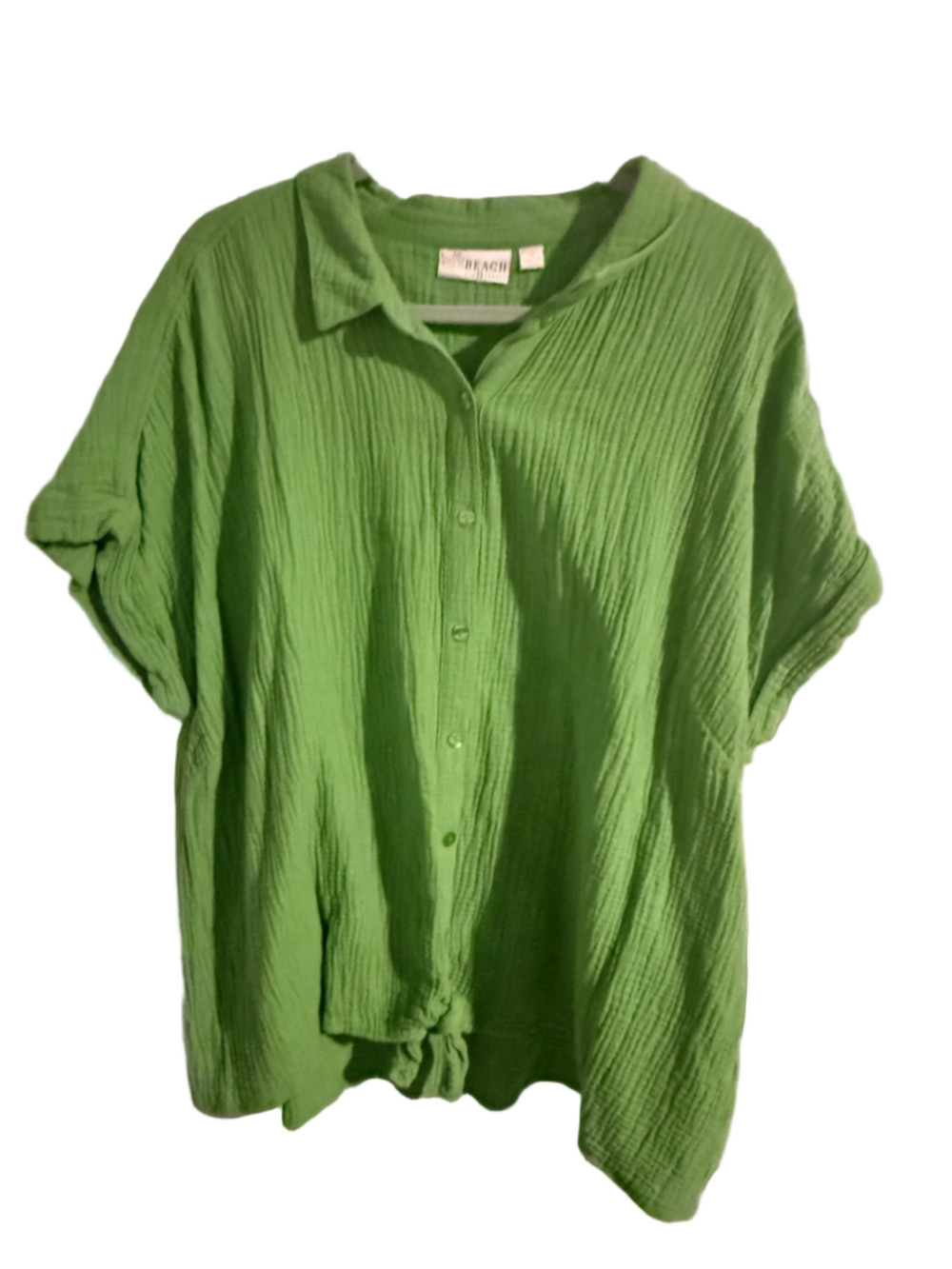 Belle Beach by Kim Gravel 2X Green Cotton Gauze Crinkle Button Front Shirt